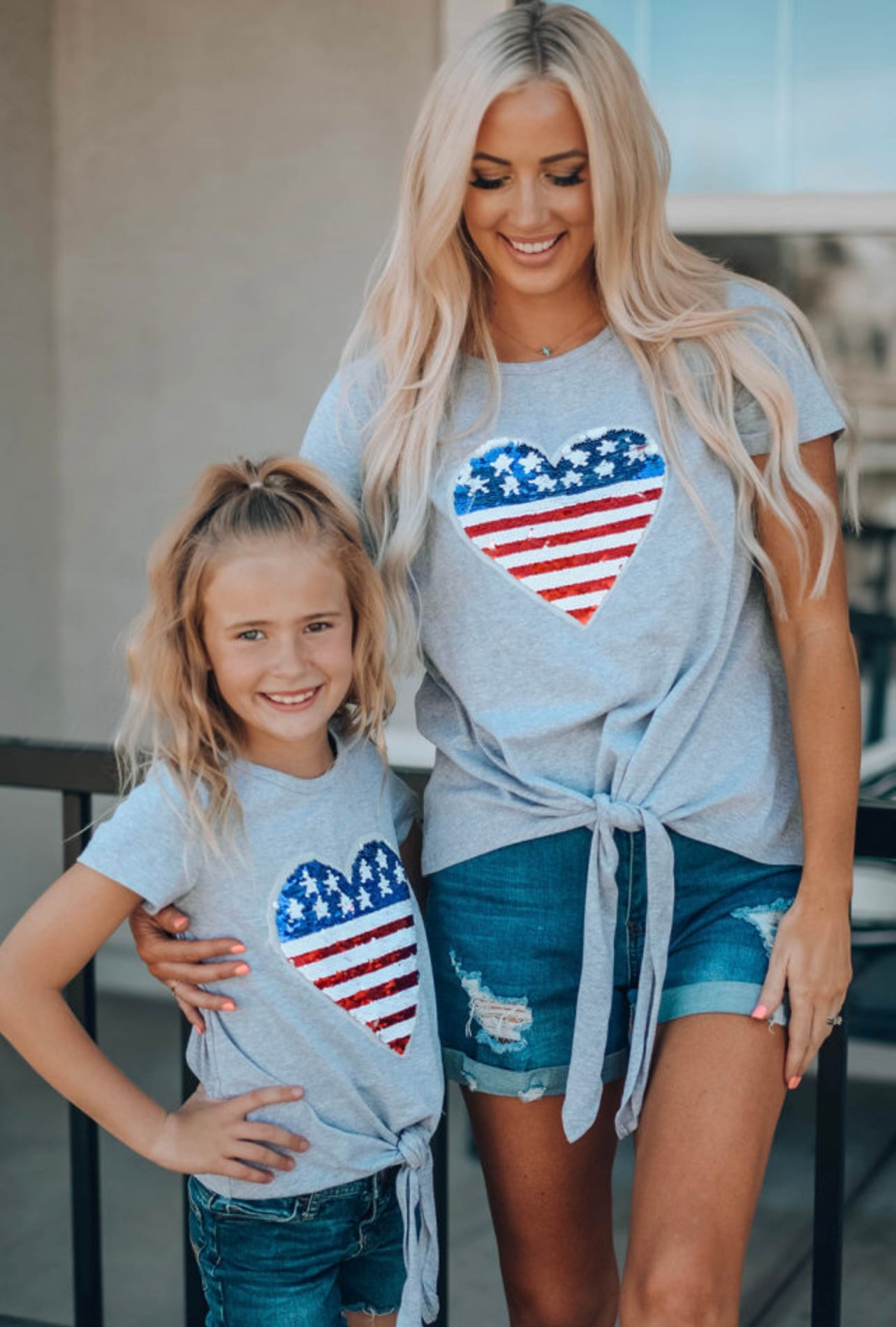 Mommy and Me Patriotic Flag Sequin Heart Knot Top