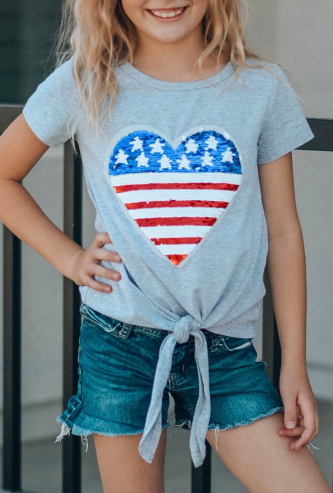 Mommy and Me Patriotic Flag Sequin Heart Knot Top