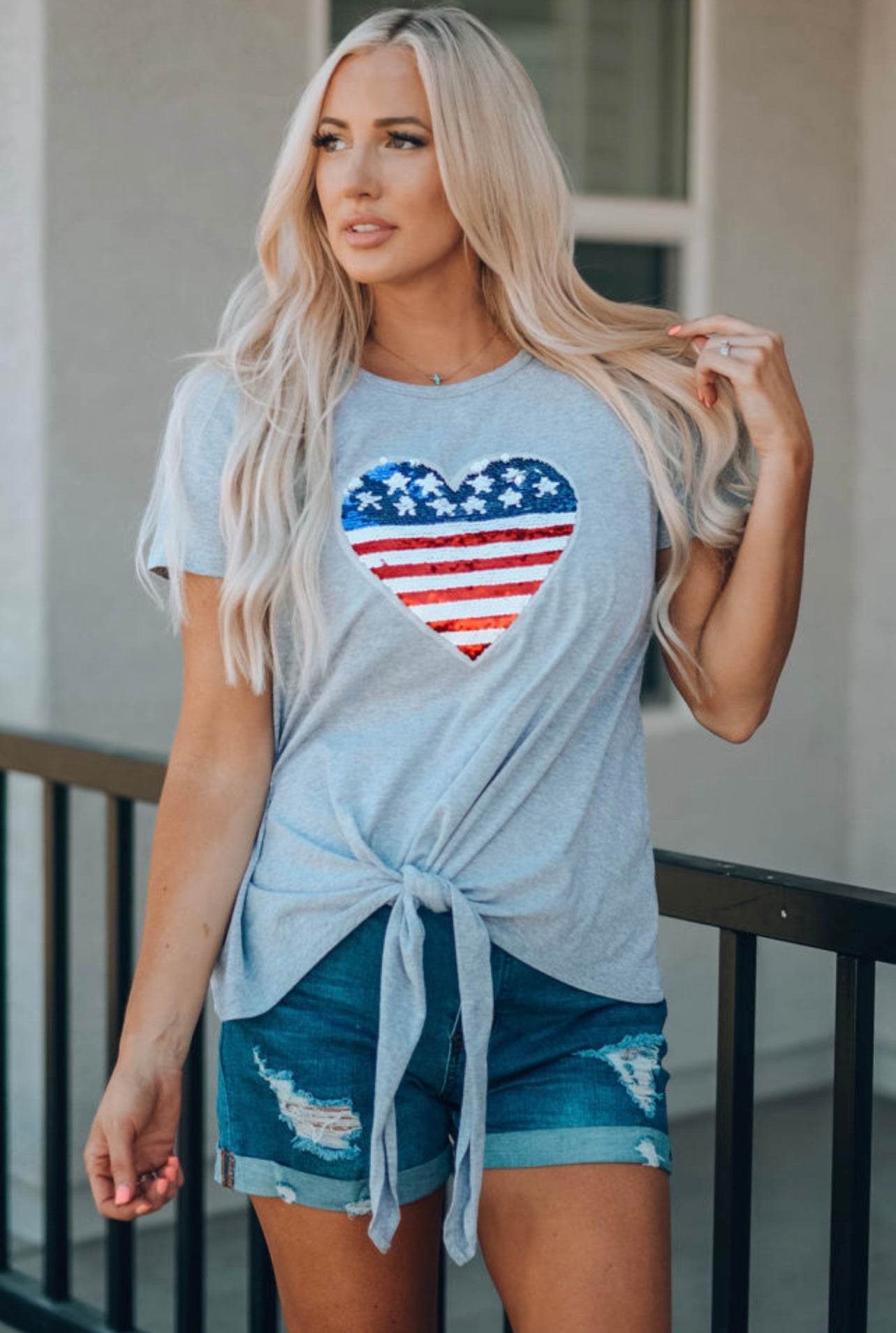 Mommy Patriotic Flag Sequin Heart Knot Top